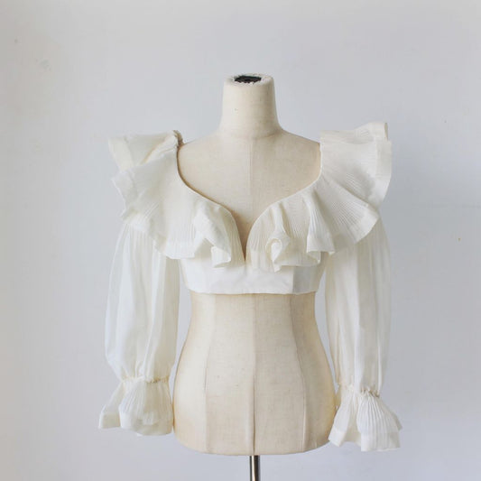 WHITE PLEATED LONG SLEEVE RUFFFLE CROP TOP